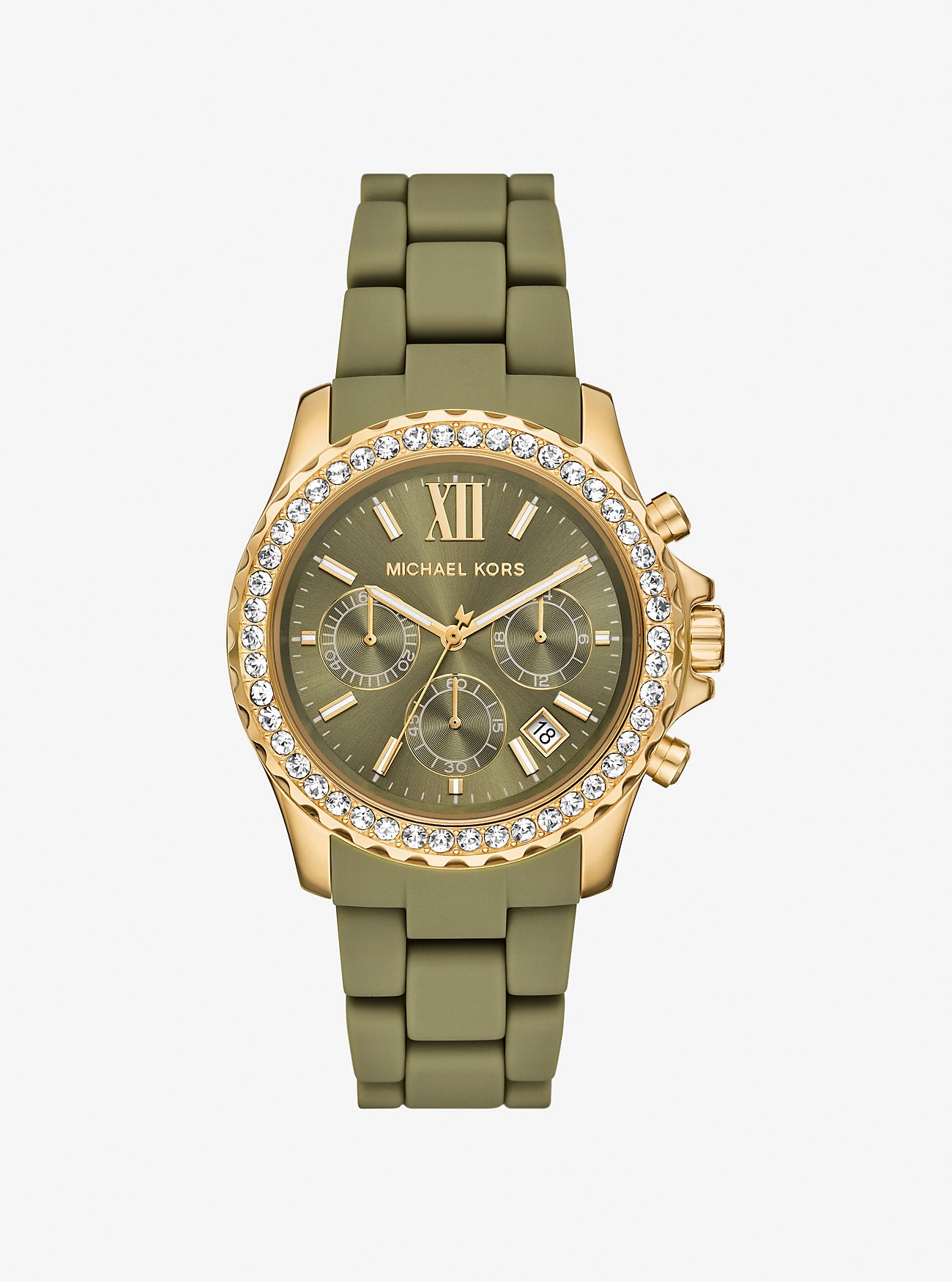 [READY STOCK MY] Michael Kors Oversized Everest Pavé Gold-Tone and Silicone Watch in Thyme (MKO1201)
