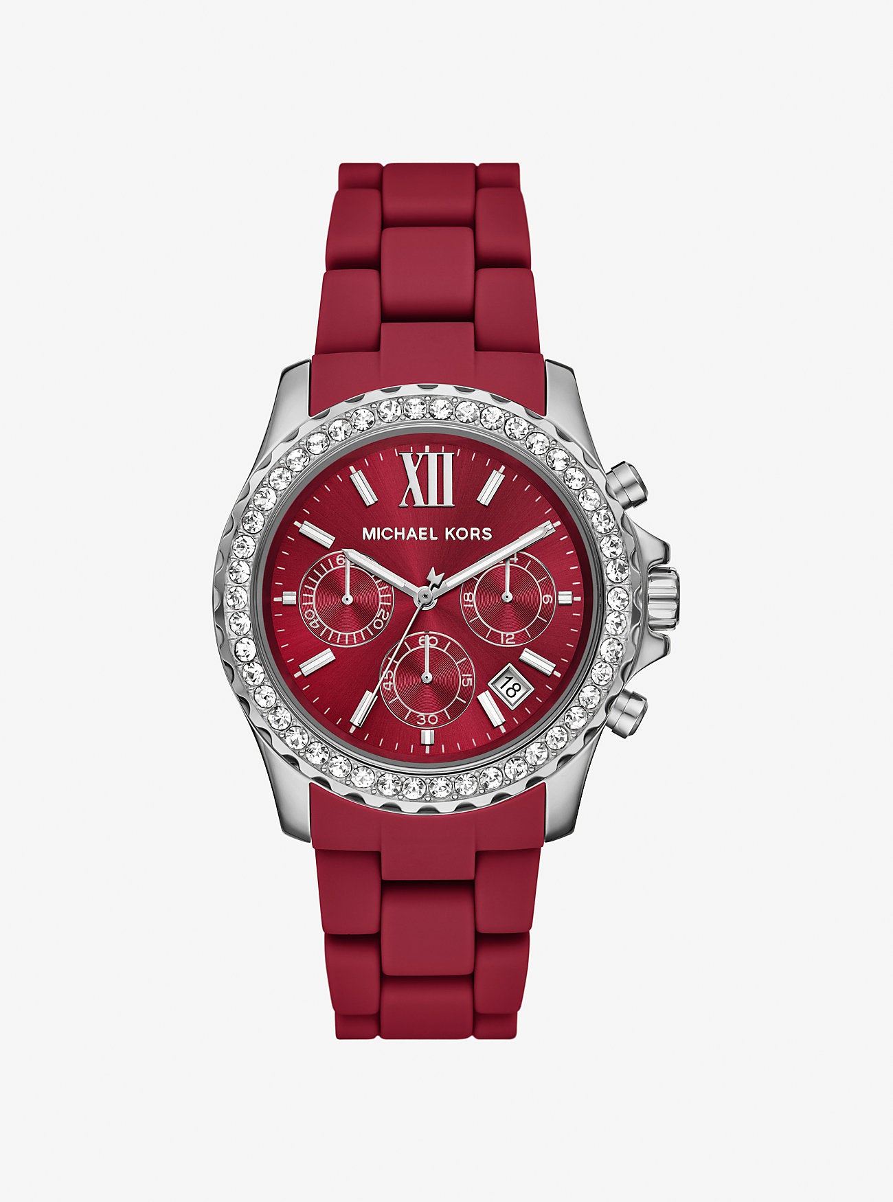 [READY STOCK MY] Michael Kors Oversized Everest Pavé Silver-Tone and Silicone Watch in Raspberry (MKO1202)