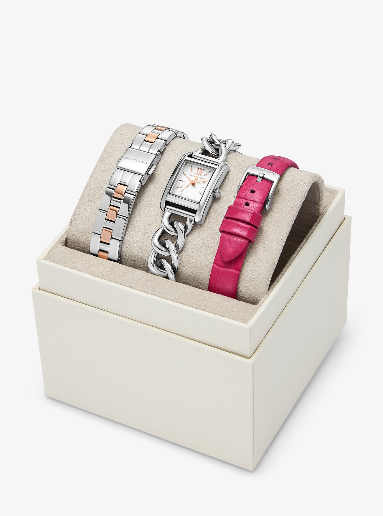 [READY STOCK MY] Michael Kors Petite Monroe Two-Tone and Crocodile-Embossed Leather Watch Strap Set in Dragon Fruit (MKO9015SET)