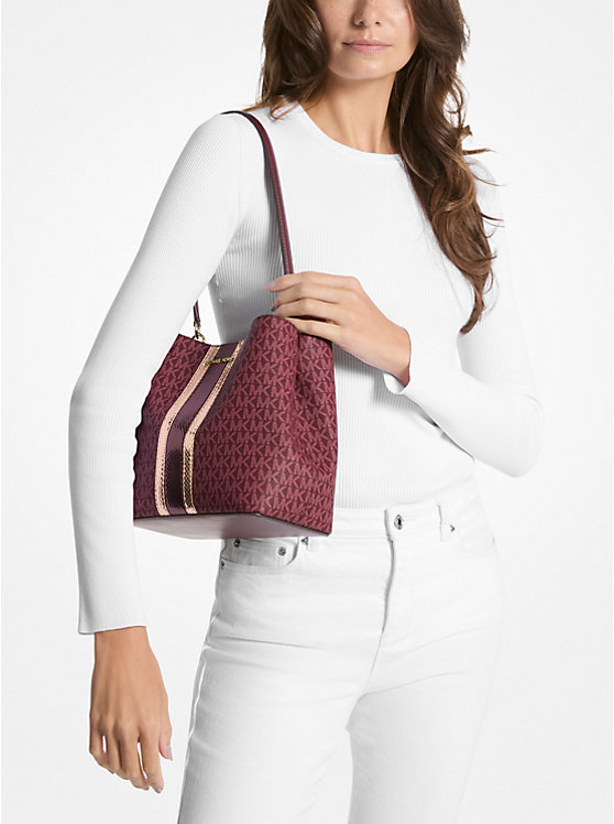 [INCOMING ETA 30 DAYS] Michael Kors Pratt Medium Signature Logo and Metallic Shoulder Bag In Oxblood (35F4G3FS2B)