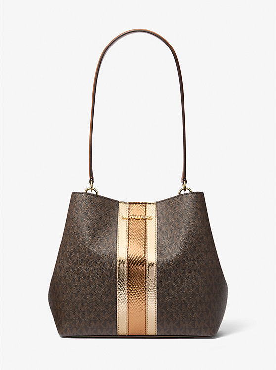 [INCOMING ETA 30 DAYS] Michael Kors Pratt Medium Sig Logo and Metallic Shoulder Bag in Brown (35F4G3FS2B)