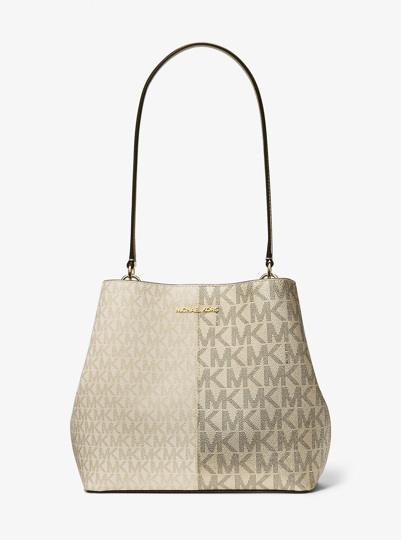 [INCOMING ETA 30 DAYS] Michael Kors Pratt Medium Two-Tone Metallic Signature Logo Shoulder Bag in Pale Gold (35F5G3FS2M)