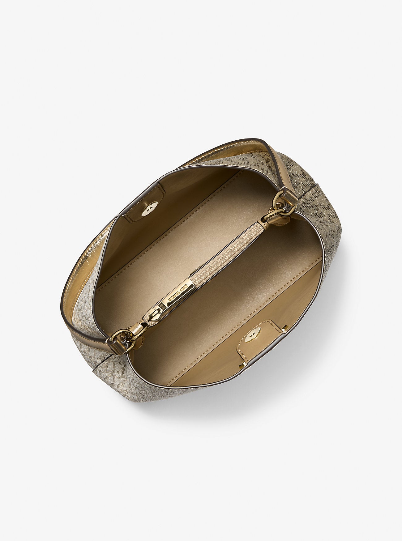 [INCOMING ETA 30 DAYS] Michael Kors Pratt Medium Two-Tone Metallic Signature Logo Shoulder Bag in Pale Gold (35F5G3FS2M)