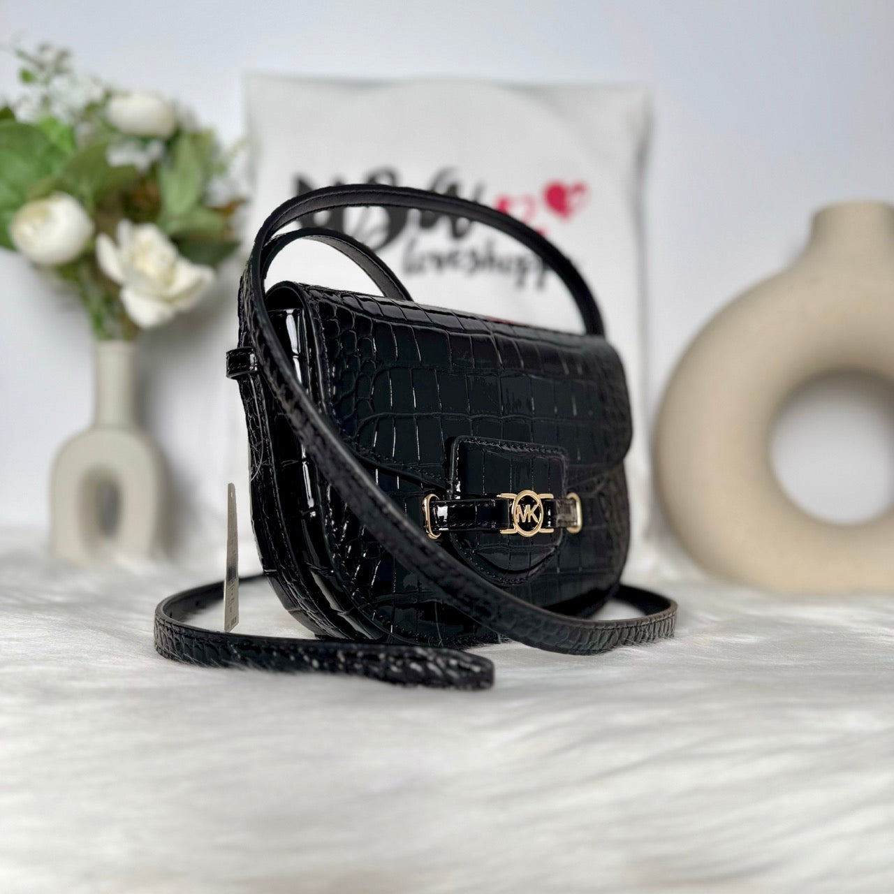 Michael Kors Reed Small Saddle Croc Embossed Crossbody in Black (35F4G6RC1A)