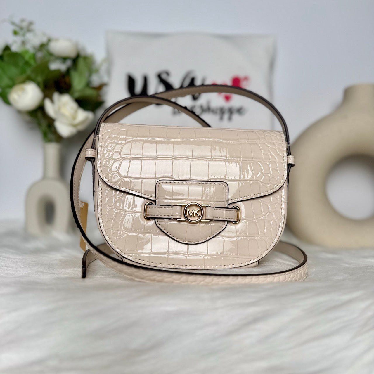 Michael Kors Reed Small Saddle Croc Embossed Crossbody in Light Cream (35F4G6RC1A)