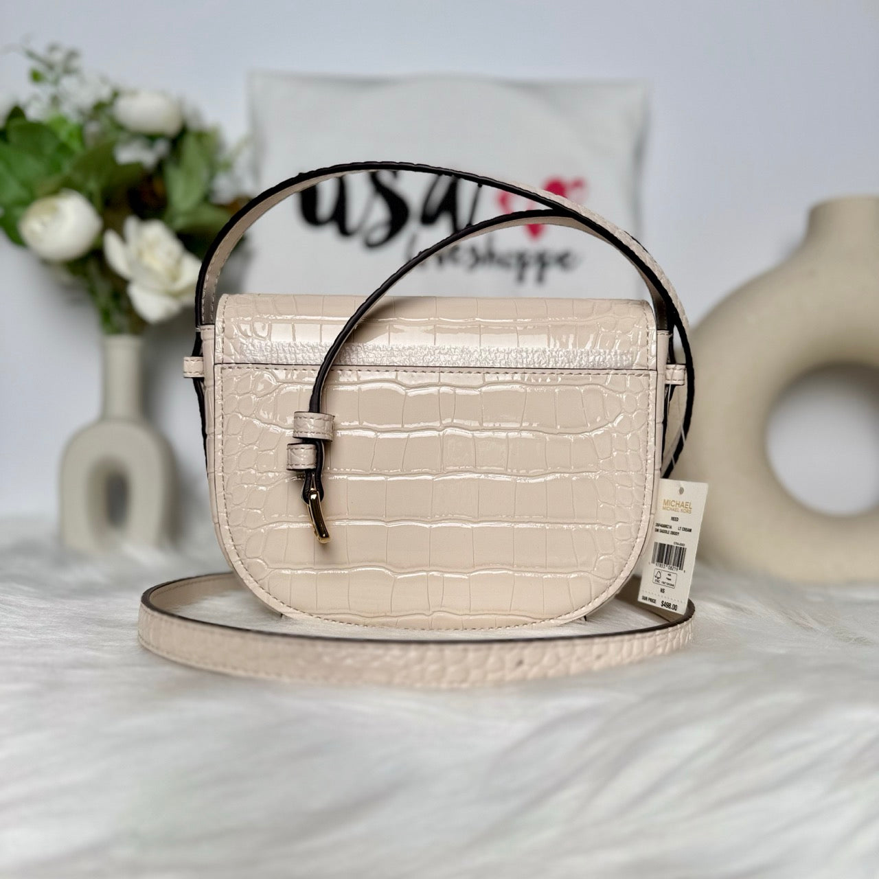 Michael Kors Reed Small Saddle Croc Embossed Crossbody in Light Cream (35F4G6RC1A)