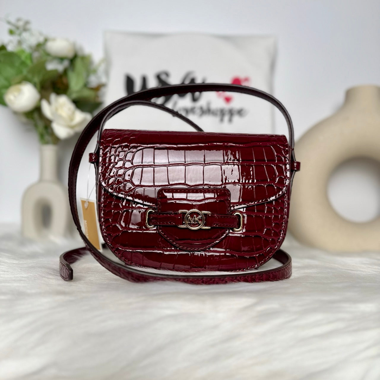 Michael Kors Reed Small Saddle Croc Embossed Crossbody in Oxblood (35F4G6RC1A)