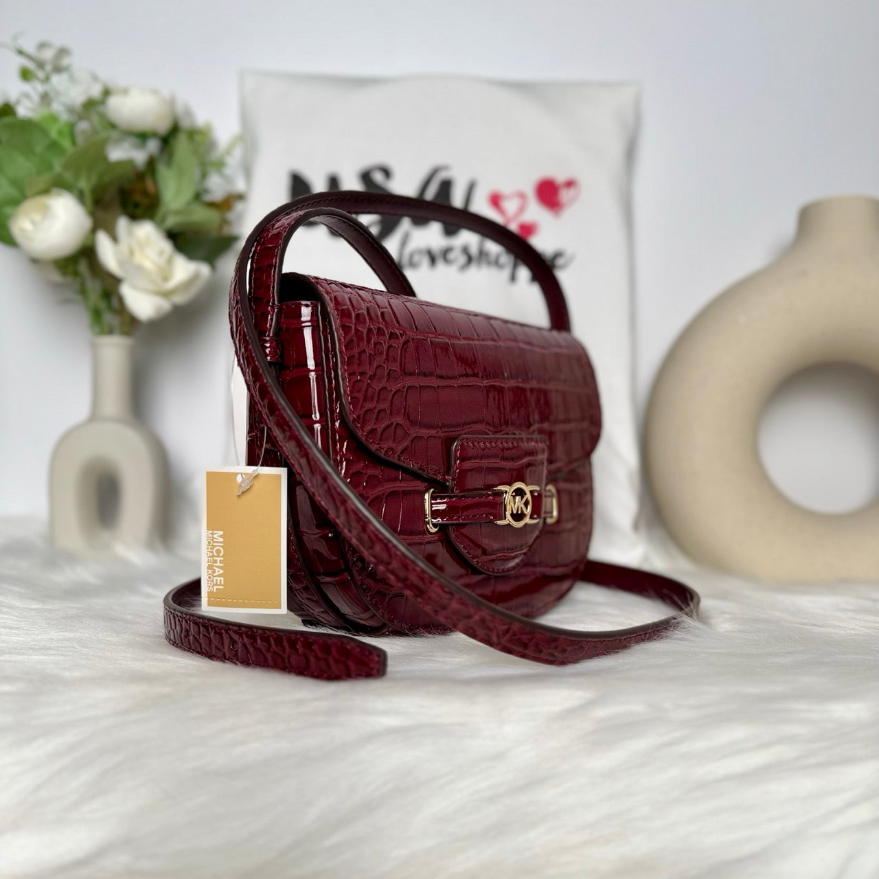 Michael Kors Reed Small Saddle Croc Embossed Crossbody in Oxblood (35F4G6RC1A)