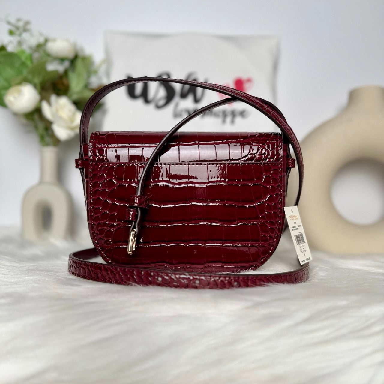 Michael Kors Reed Small Saddle Croc Embossed Crossbody in Oxblood (35F4G6RC1A)