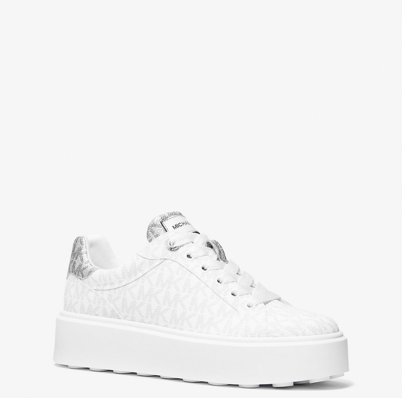[INCOMING ETA 30 DAYS] Michael Kors Romey Metallic Two-Tone Signature Logo Platform Sneaker in Bright White (FK)(49F4RMFS2B)