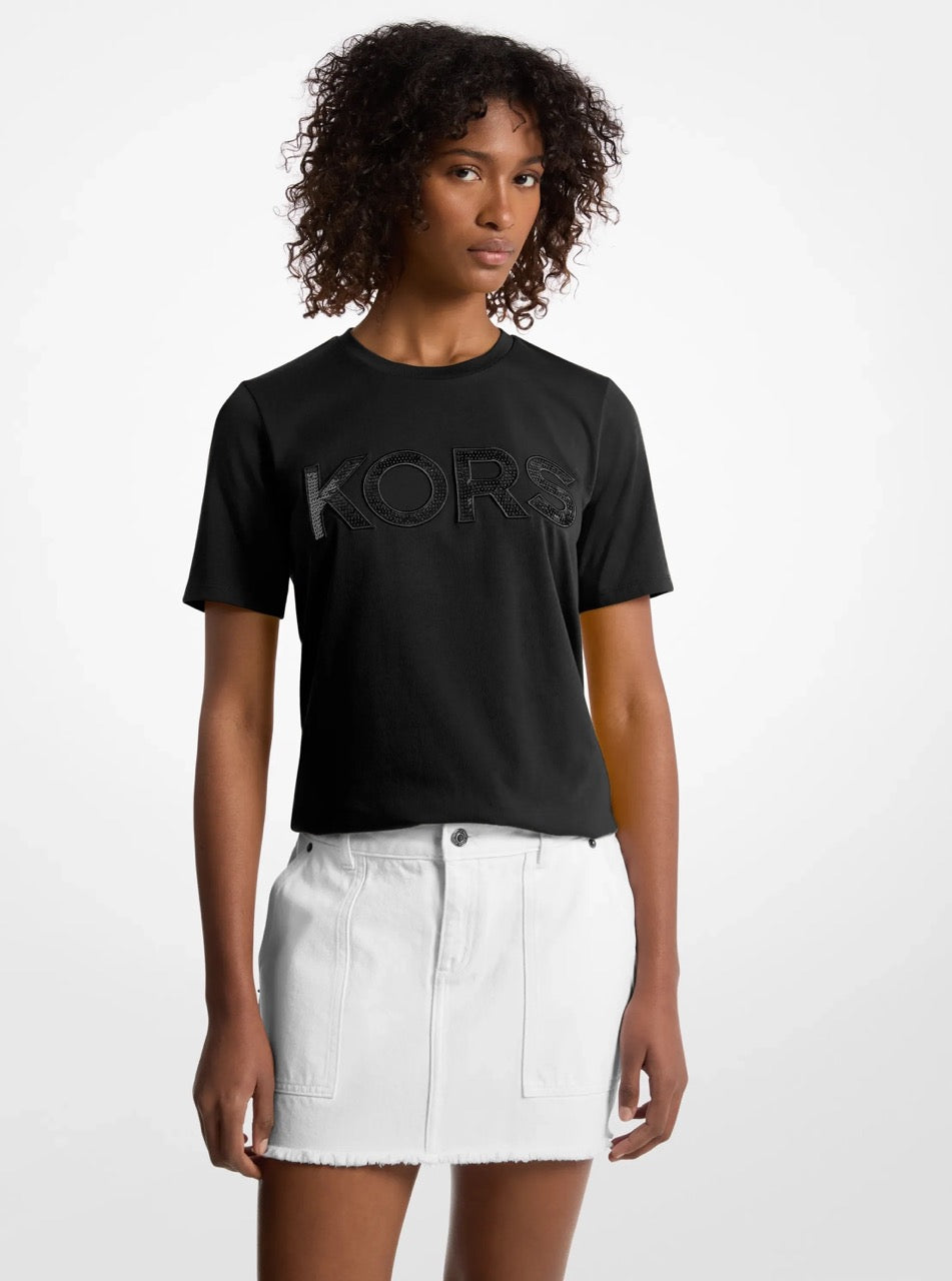 [FK][INCOMING ETA 30 DAYS] Michael Kors Sequined Logo Cotton T-Shirt in Black (JS451DB97J)