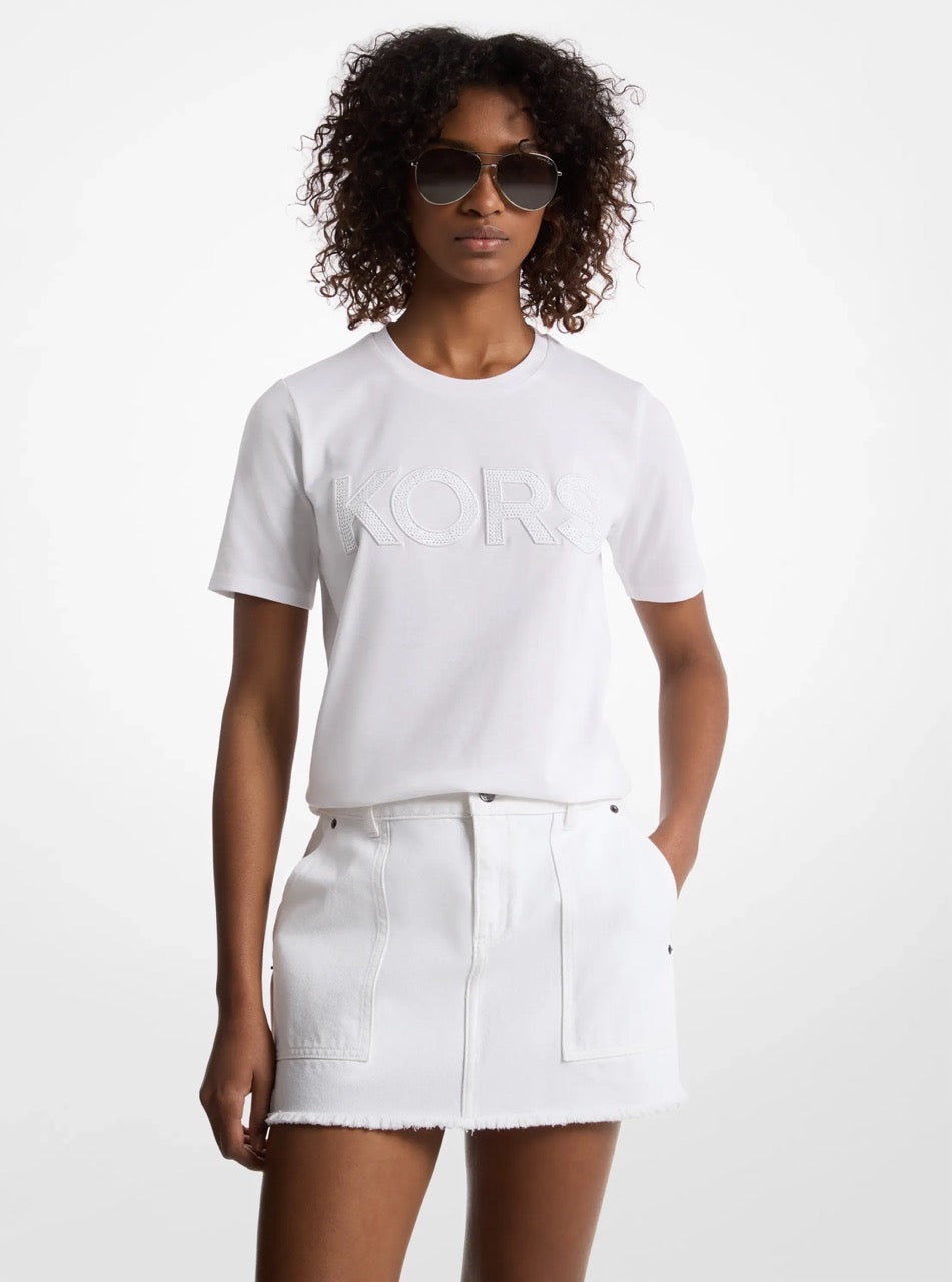 [FK][INCOMING ETA 30 DAYS] Michael Kors Sequined Logo Cotton T-Shirt in White (JS451DB97J)