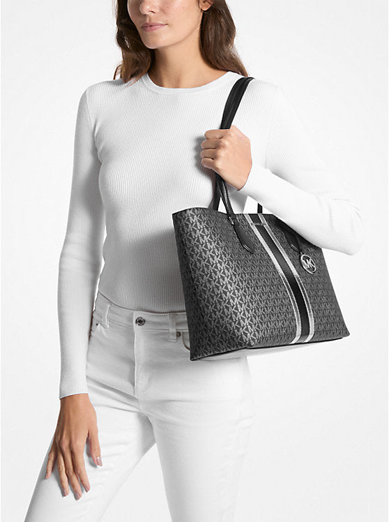 Michael kors black metallic tote best sale