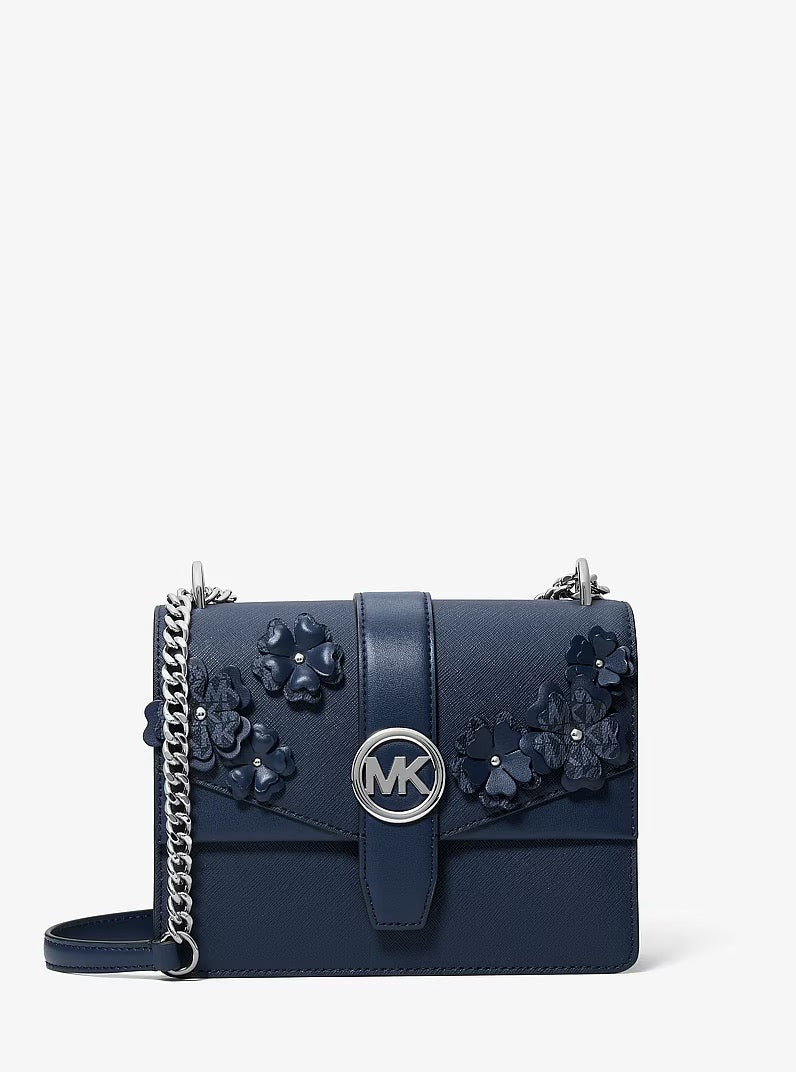 [READY STOCK MY] Michael Kors Small Greenwich Shoulder Bag With Floral Embellishment in Navy Blue (35S6SGRC5L)