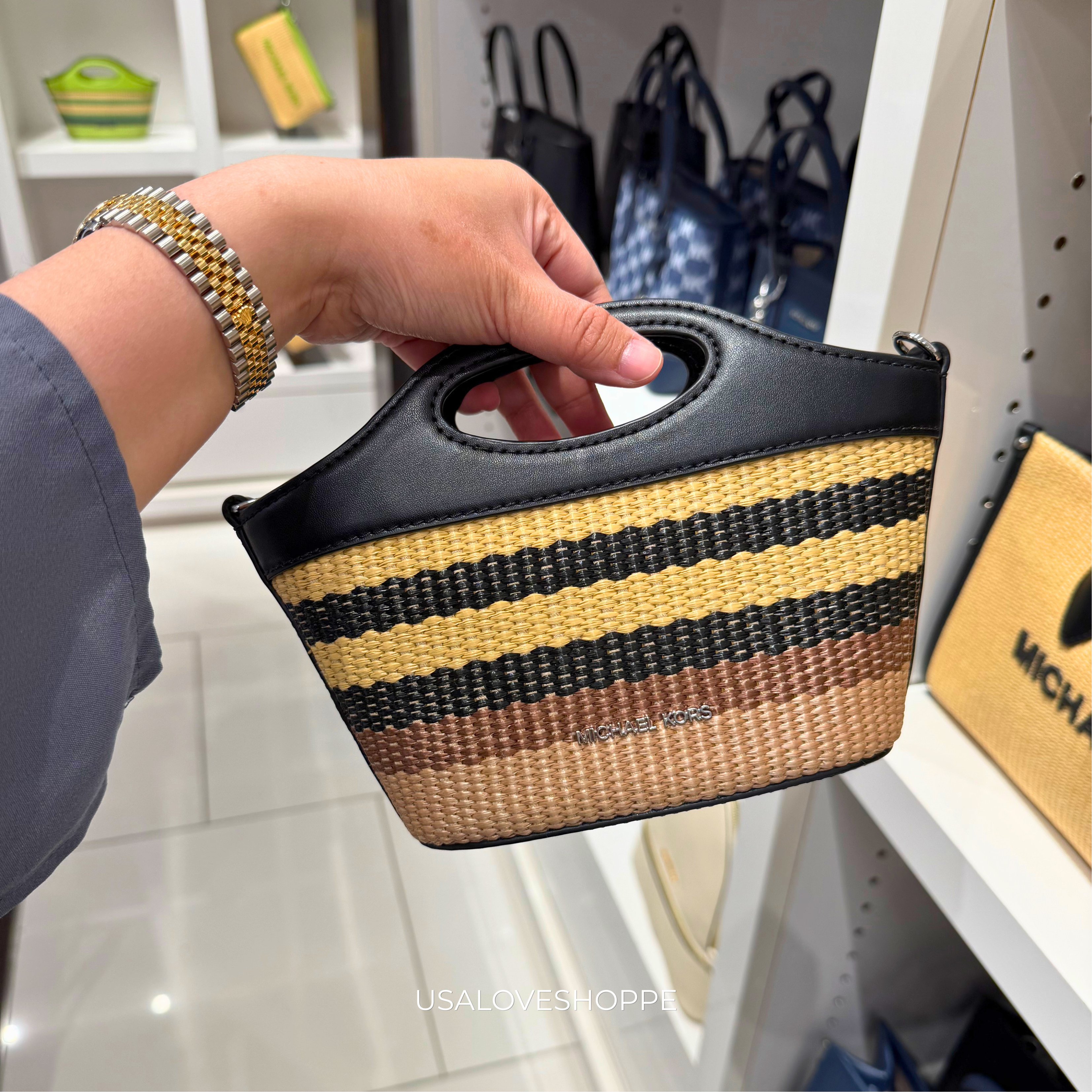 [READY STOCK MY] Michael Kors Small Striped Woven Tatum Shoulder Bag in Black (35S6STAC1W)
