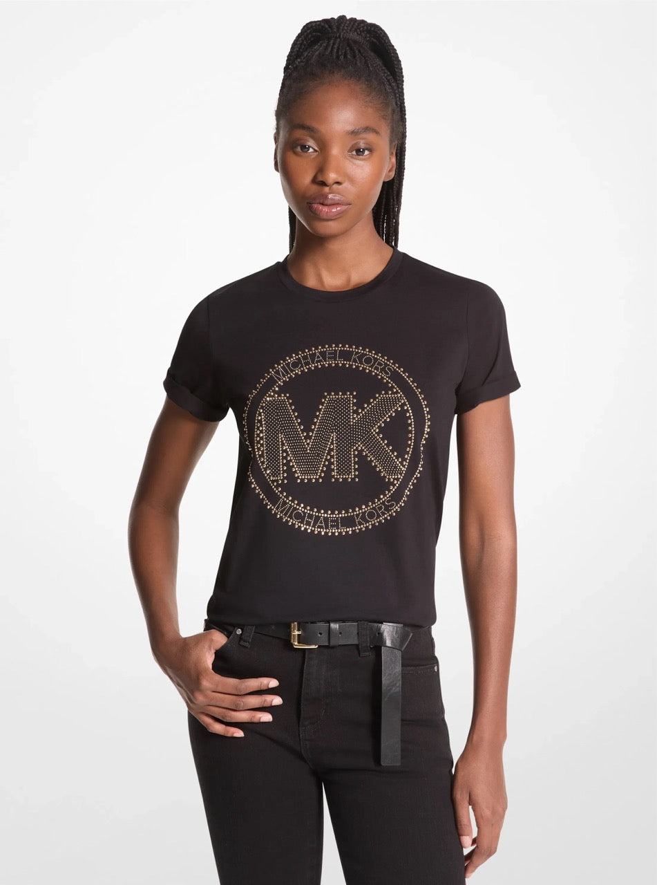[FK][INCOMING ETA 30 DAYS] Michael Kors Studded Logo Charm Organic Cotton Jersey T-Shirt in Black (JS451DC97J)