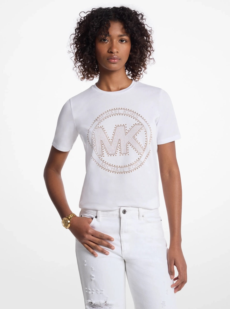[FK][INCOMING ETA 30 DAYS] Michael Kors Studded Logo Charm Organic Cotton Jersey T-Shirt in White (JS451DC97J)