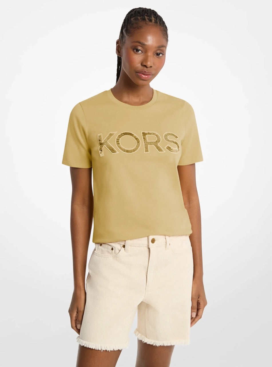 [FK][INCOMING ETA 30 DAYS] Michael Kors Sequined Logo Cotton T-Shirt in Oregano (JS451DB97J)