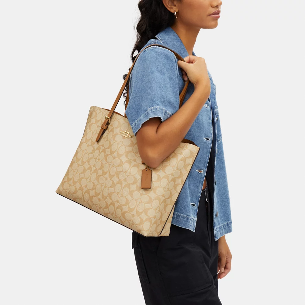 [INCOMING STOCK ETA END MAY 2024] C0ACH Mollie Tote Bag In Signature Canvas In Lt Khaki/Lt Saddle (1665)