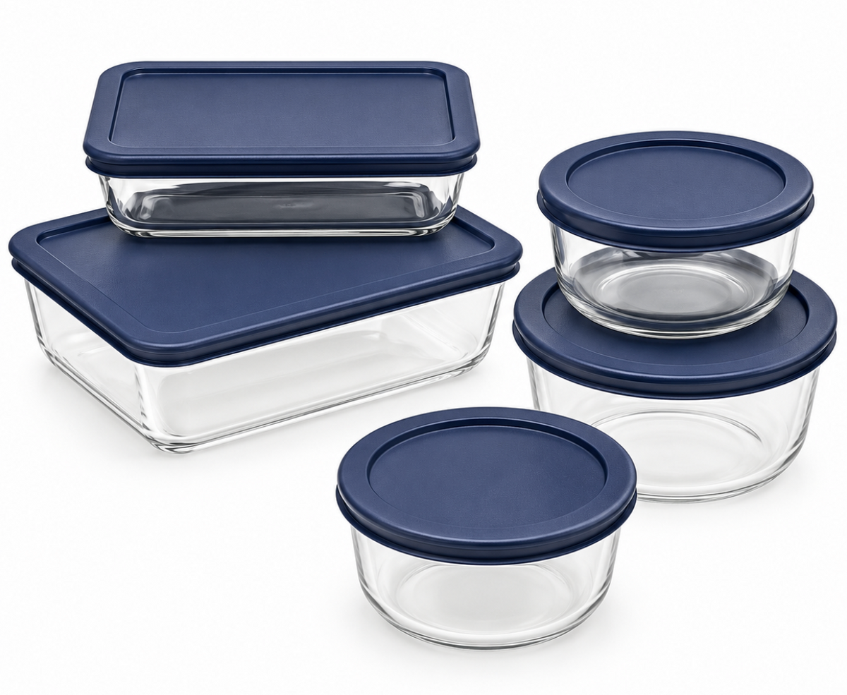 Pyrex Simply Store 10-Piece Clear Glass Food Storage Set with Blue Lids