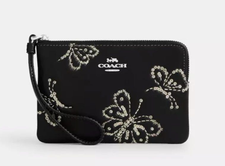 [AUCTION] Coach Corner Zip Wristlet With Sparkly Butterfly Print in Black Multi (CCJ72)