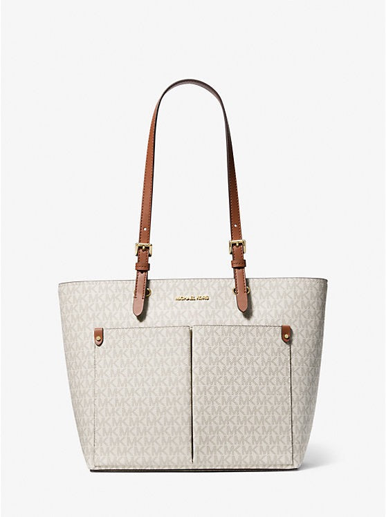 Michael Kors Jet Set Travel Med Double Pocket Tote in Signature Vanilla (35F3GTVT3B)