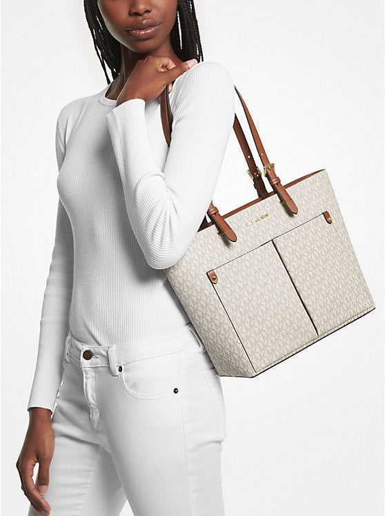 Michael Kors Jet Set Travel Med Double Pocket Tote in Signature Vanilla (35F3GTVT3B)