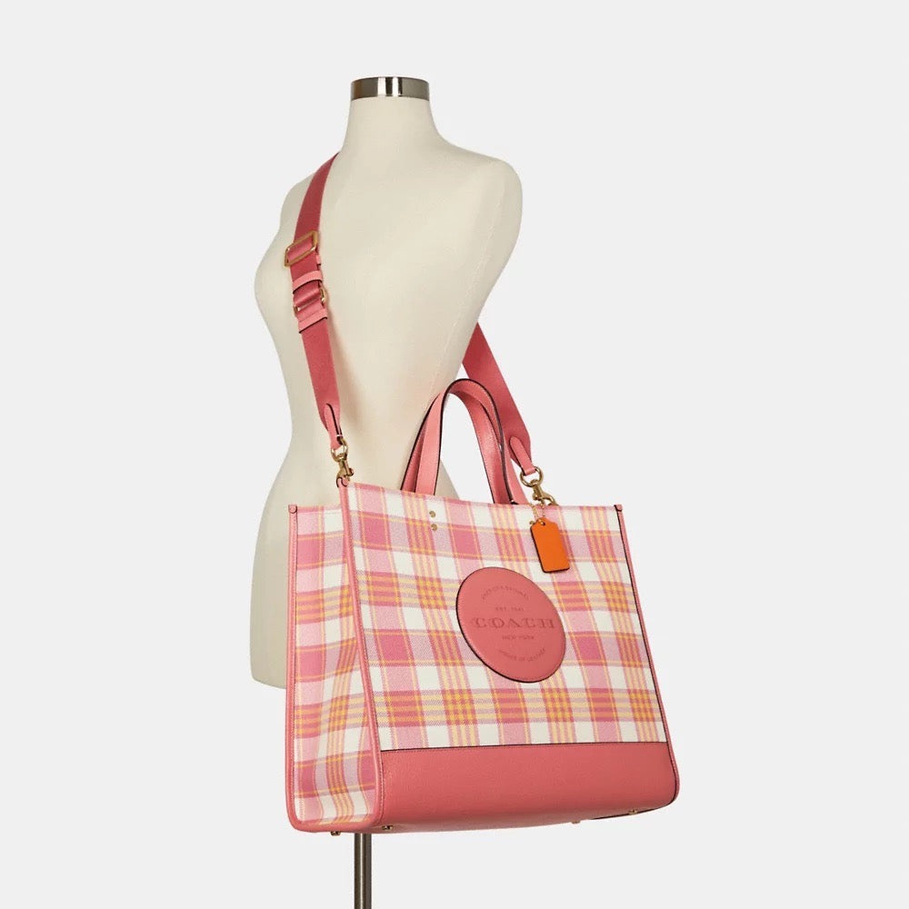 Coach Dempsey Tote 40 With Garden Plaid Print And Coach Patch in Taffy Multi (C8200)