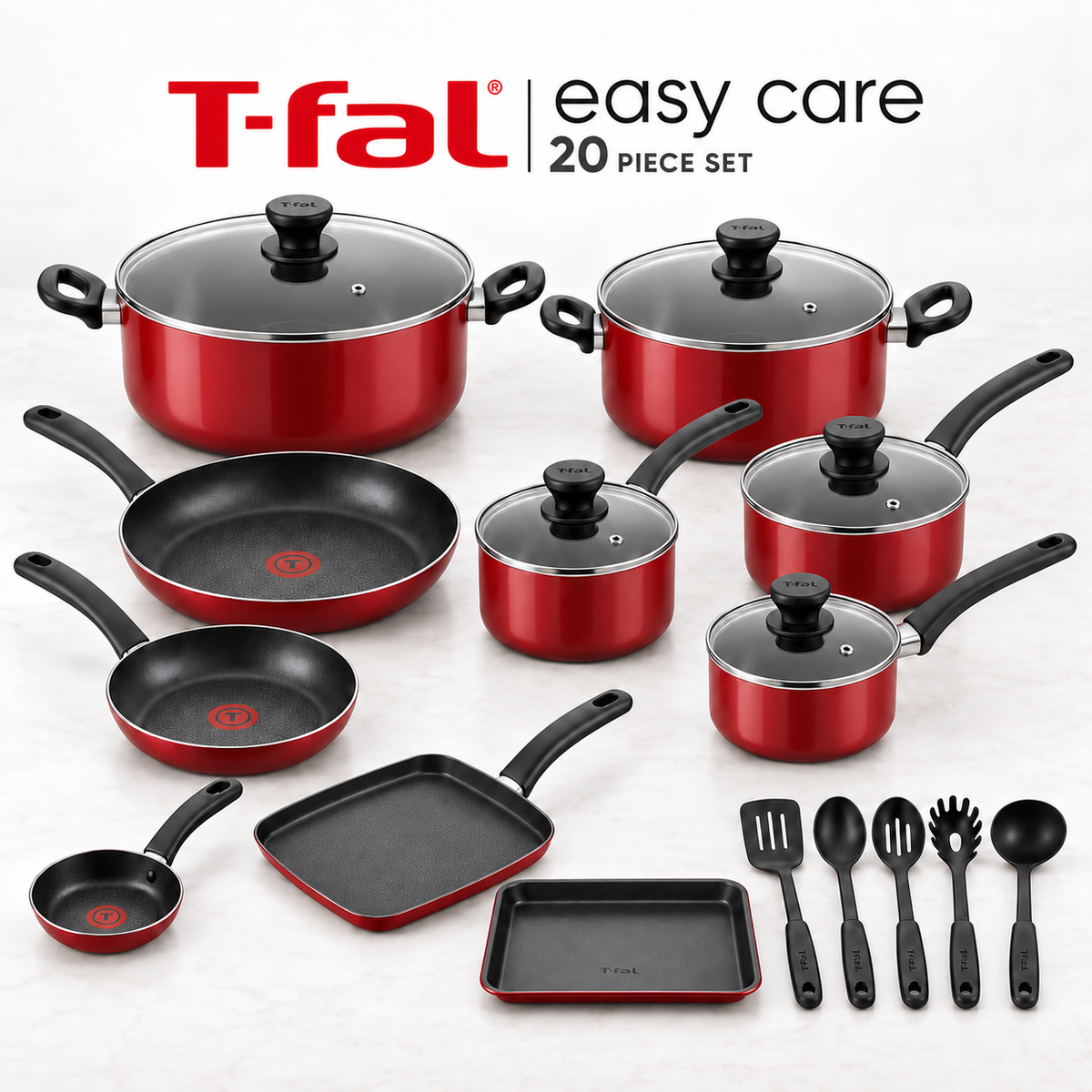 T-Fal Easy Care 20-piece non-stick cookware set in Red (Open Box)