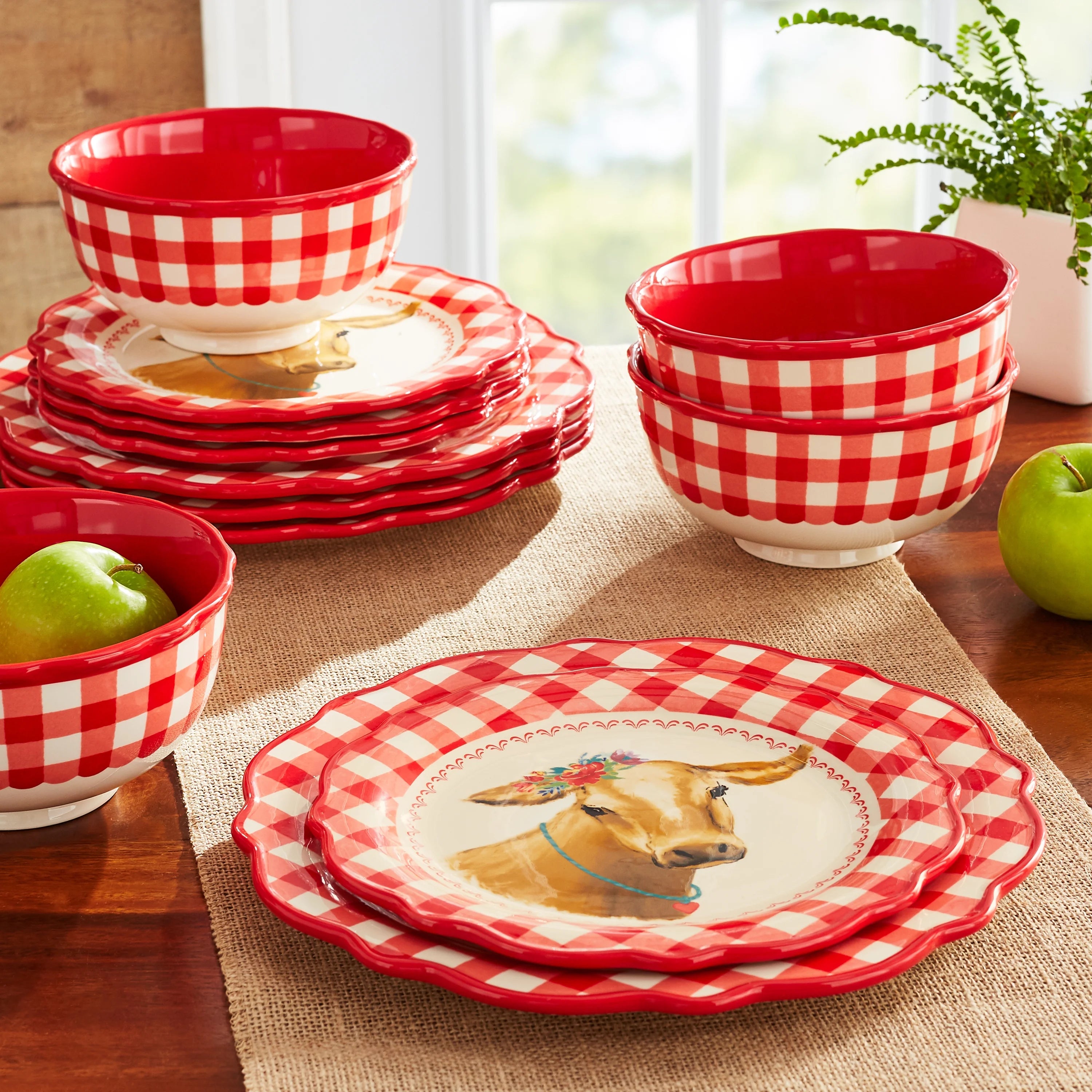 [READY STOCK ETA 7 DAYS] The Pioneer Woman Gingham Red Stoneware 12-Piece Dinnerware Set