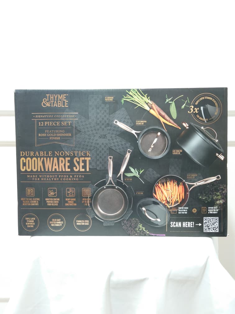 [READY STOCK MY] THYME & TABLE DURABLE NONSTICK COOKWARE 12 PCS SET IN ROSE GOLD SHIMMER