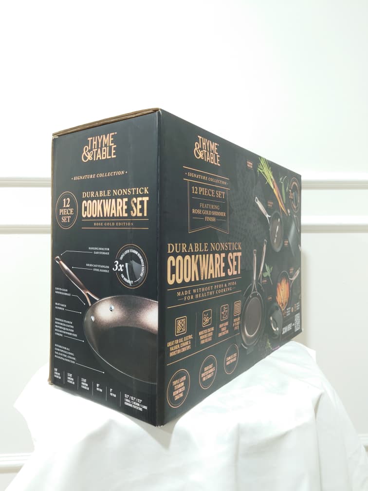 [READY STOCK MY] THYME & TABLE DURABLE NONSTICK COOKWARE 12 PCS SET IN ROSE GOLD SHIMMER