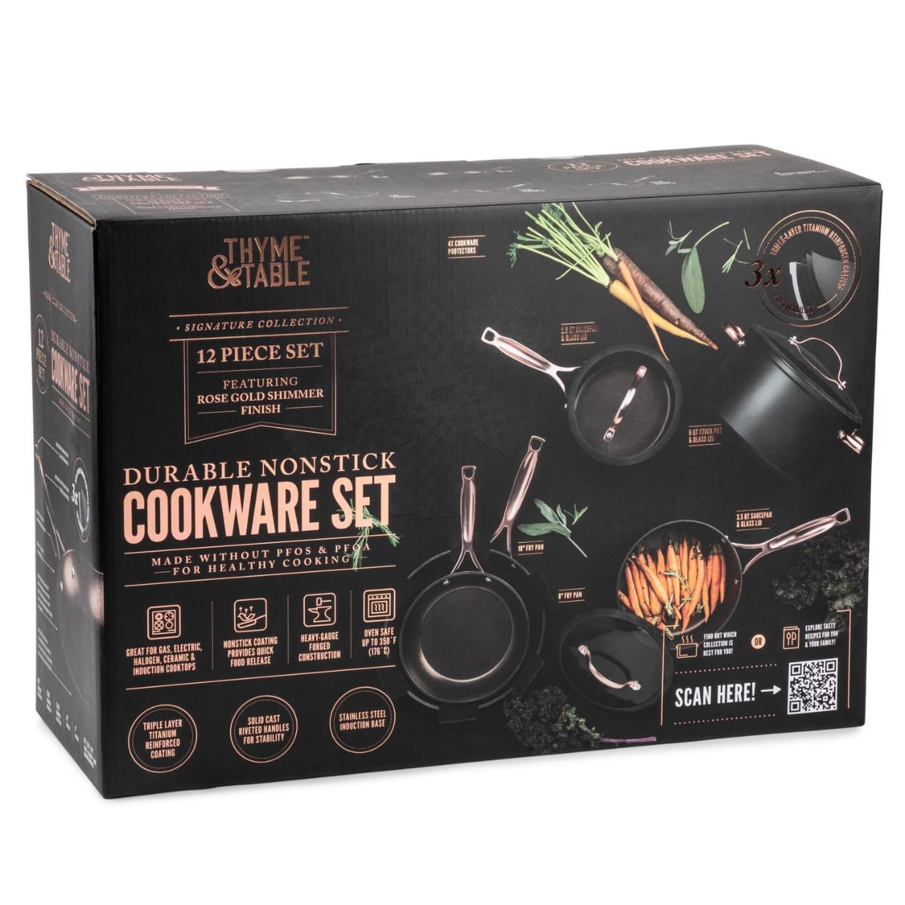 [READY STOCK MY] THYME & TABLE DURABLE NONSTICK COOKWARE 12 PCS SET IN ROSE GOLD SHIMMER