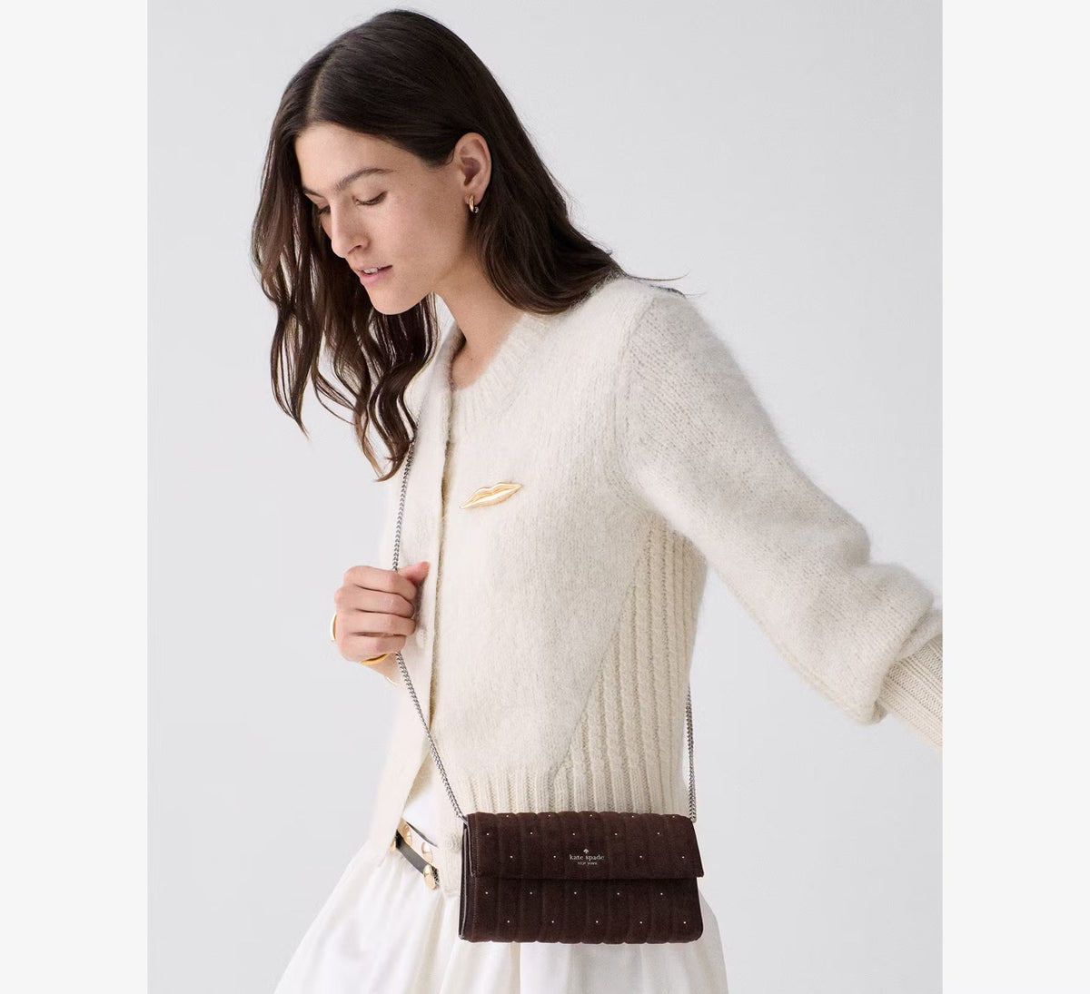 [WEB EXCLUSIVE][INCOMING ETA 30 DAYS] kate Spade Scarlett Quilted Suede Wallet On Chain in Hot Fudge (KP362)