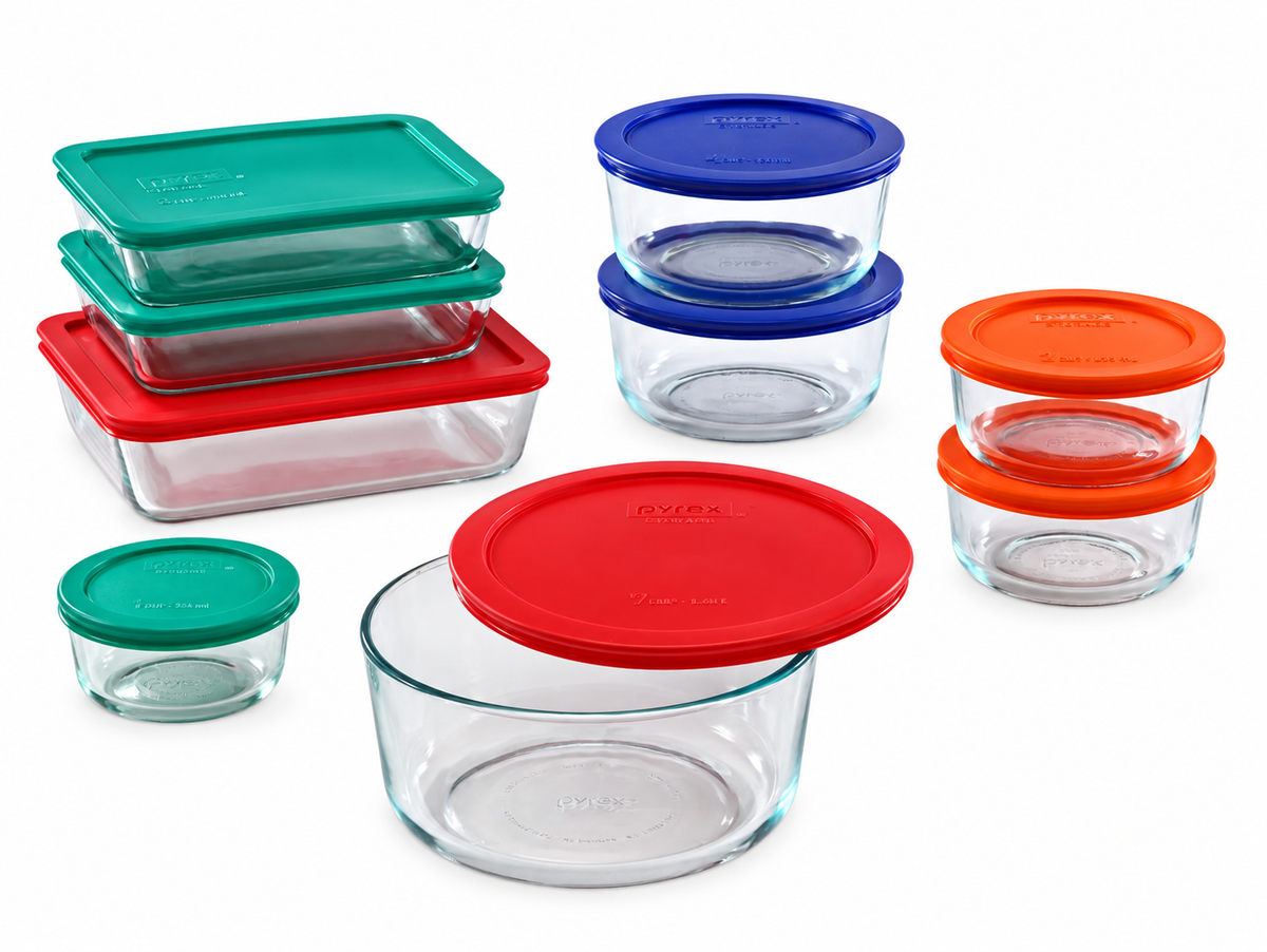 Pyrex Simply Store 18-Piece Glass Food Storage Set with Multicolour Lids
