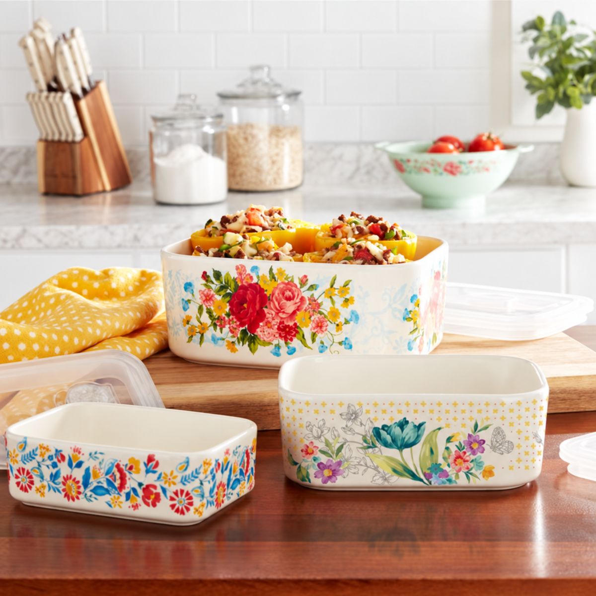 ULS SEA [READY STOCK] The Pioneer Woman Sweet Rose 6-Piece Ceramic Nesting Casserole Baking Dish Set